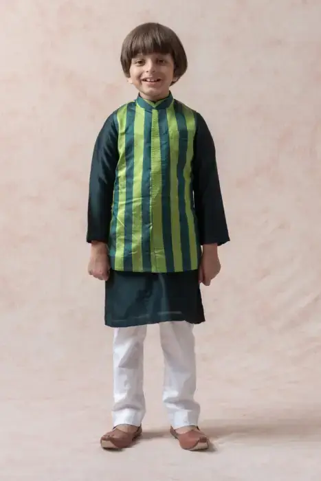 Bottle Green Tanchoi silk Nehru jacket with chanderi kurta and pajama