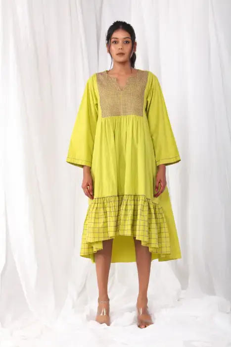 check embroidered dress