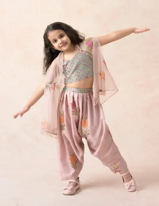Hand embroidered crop top with pleated dhoti pants and cape
