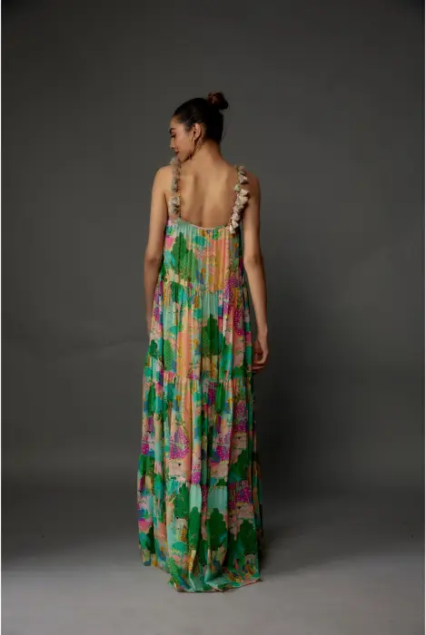 Peach Kuno Print Georgette Long Trapese Dress    