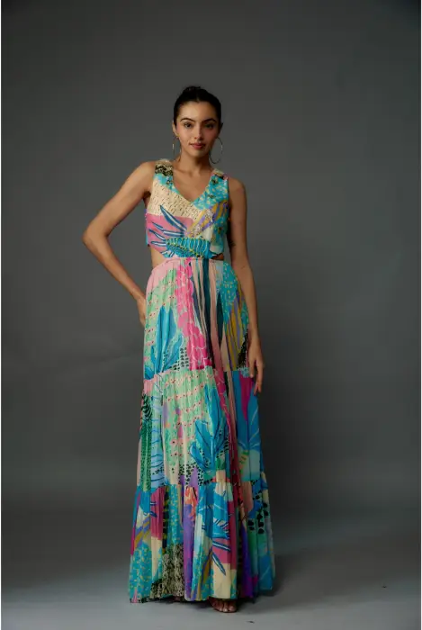 Aqua Tropical Print Art Georgette Embroidered Cut-Out Dress    