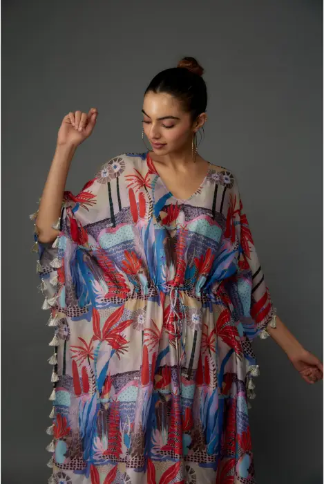 Red Tropical Print Silkmul Kaftan With Tassels    