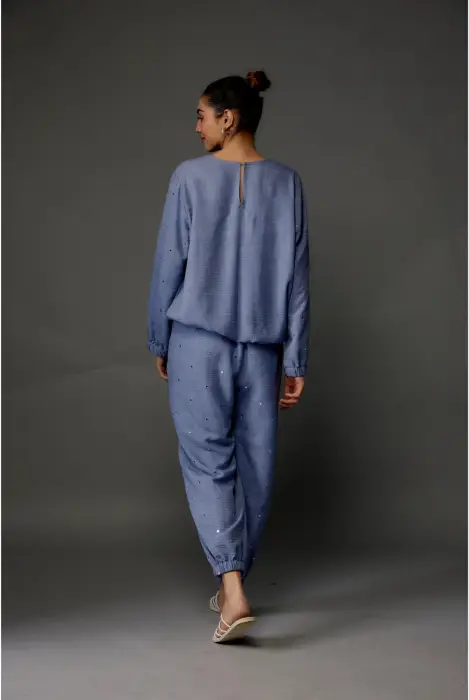 Bluish Grey Soft Linen Embroidered Top & Jogger Pant