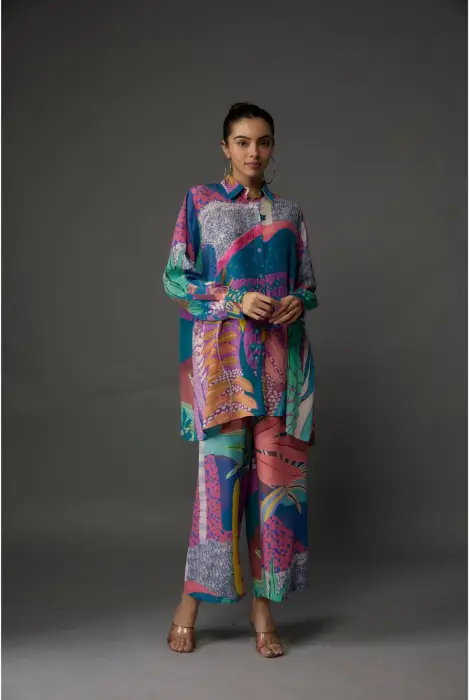 Purple Tropical Print Crepe Shirt With Pant    