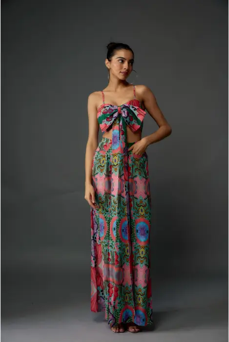 Red Enchanted Print Crepe Bow Tube & Palazzo Pant    